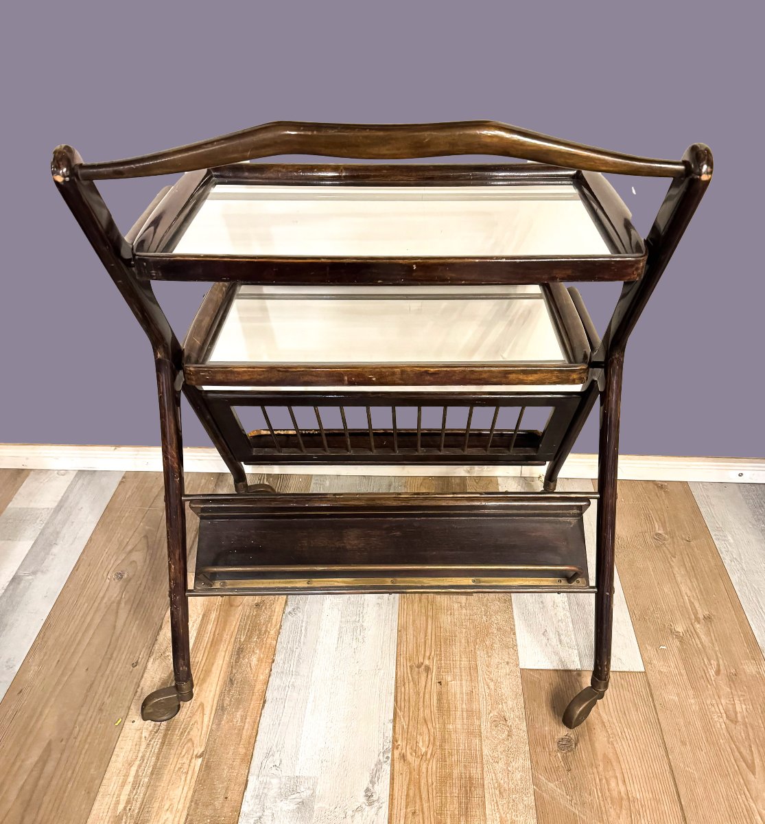 Ico Parisi, carrello in legno ottone e vetro, Anni '50-photo-3