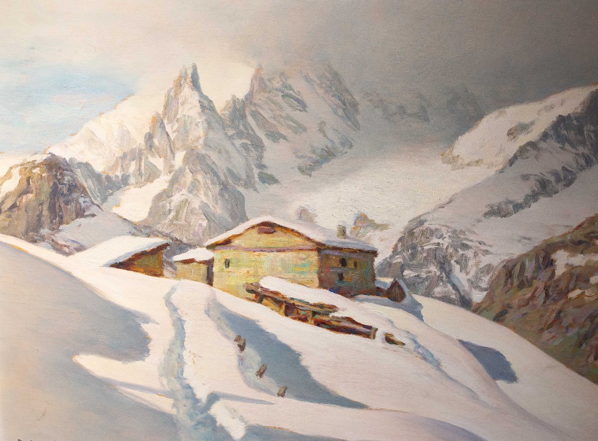 Angelo Abrate, “Momento invernale a La Suche"”, olio su tavola, firmato, 1949-photo-1