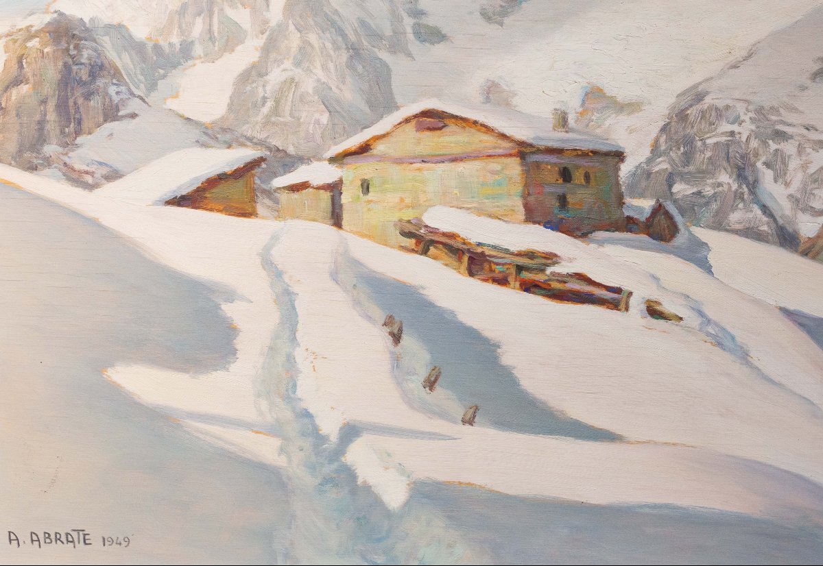 Angelo Abrate, “Momento invernale a La Suche"”, olio su tavola, firmato, 1949-photo-3