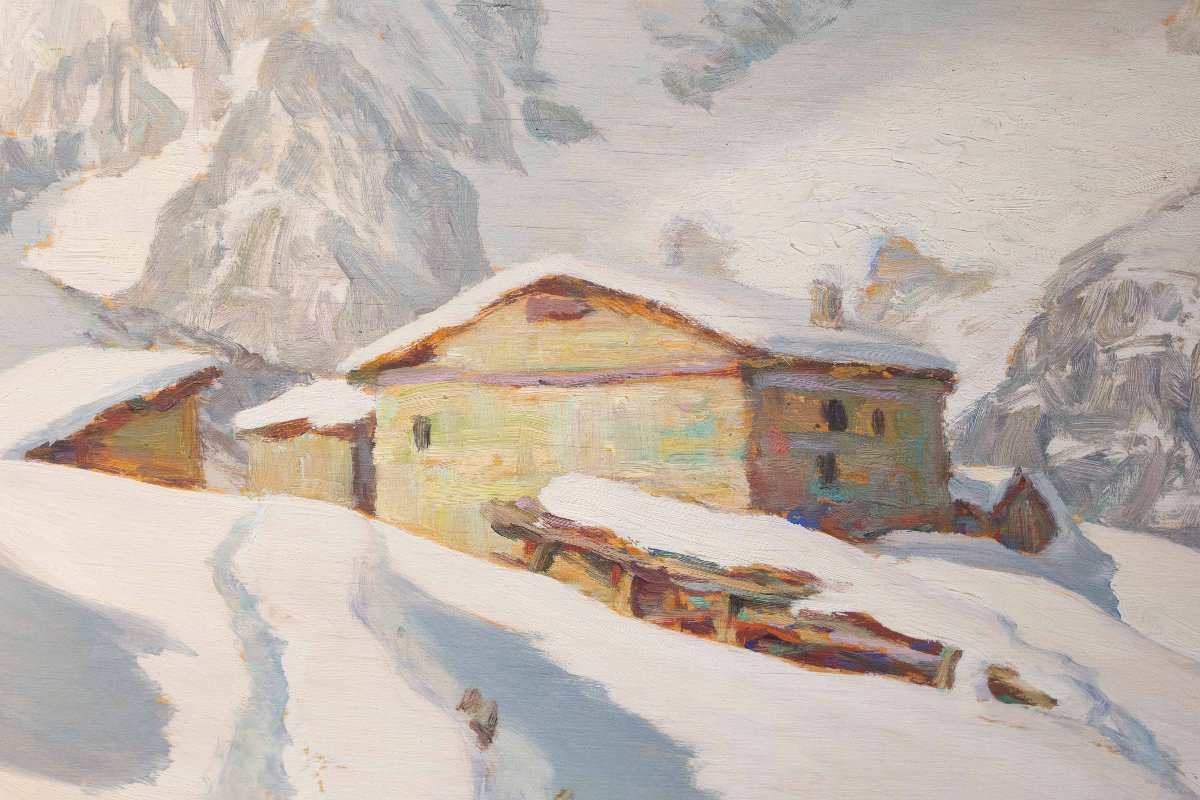 Angelo Abrate, “Momento invernale a La Suche"”, olio su tavola, firmato, 1949-photo-6