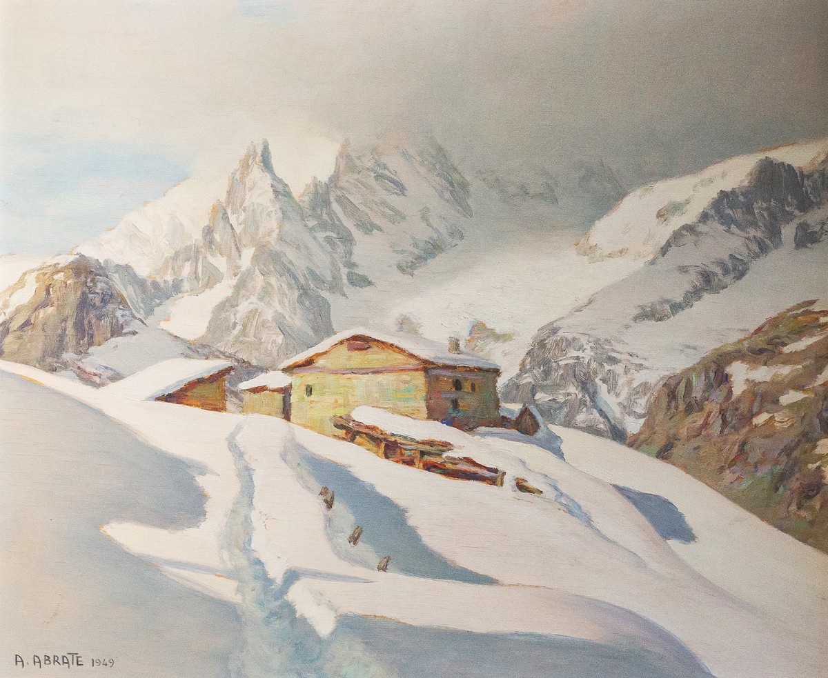 Angelo Abrate, “Momento invernale a La Suche"”, olio su tavola, firmato, 1949