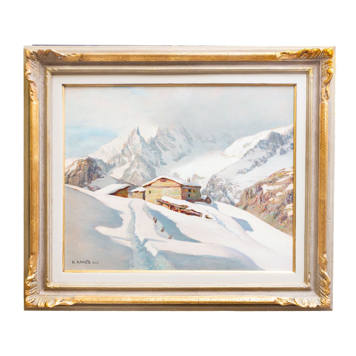 Angelo Abrate, “Momento invernale a La Suche -Courmayeur”, olio su tavola, firmato, 1949-photo-4