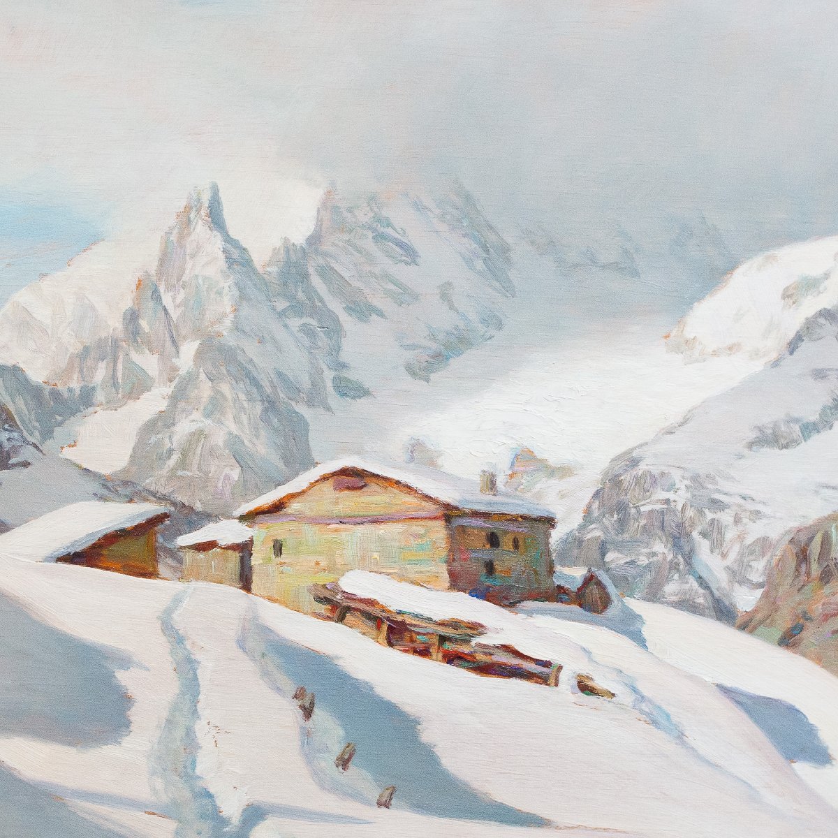 Angelo Abrate, “Momento invernale a La Suche -Courmayeur”, olio su tavola, firmato, 1949-photo-3