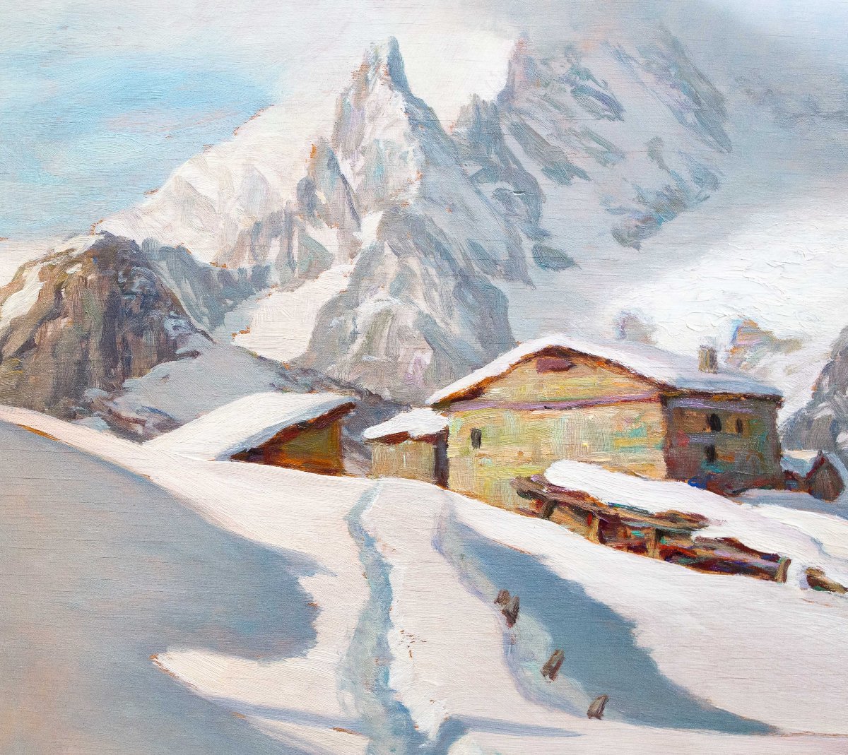 Angelo Abrate, “Momento invernale a La Suche -Courmayeur”, olio su tavola, firmato, 1949-photo-4