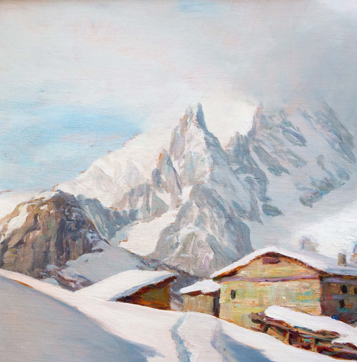 Angelo Abrate, “Momento invernale a La Suche -Courmayeur”, olio su tavola, firmato, 1949-photo-5
