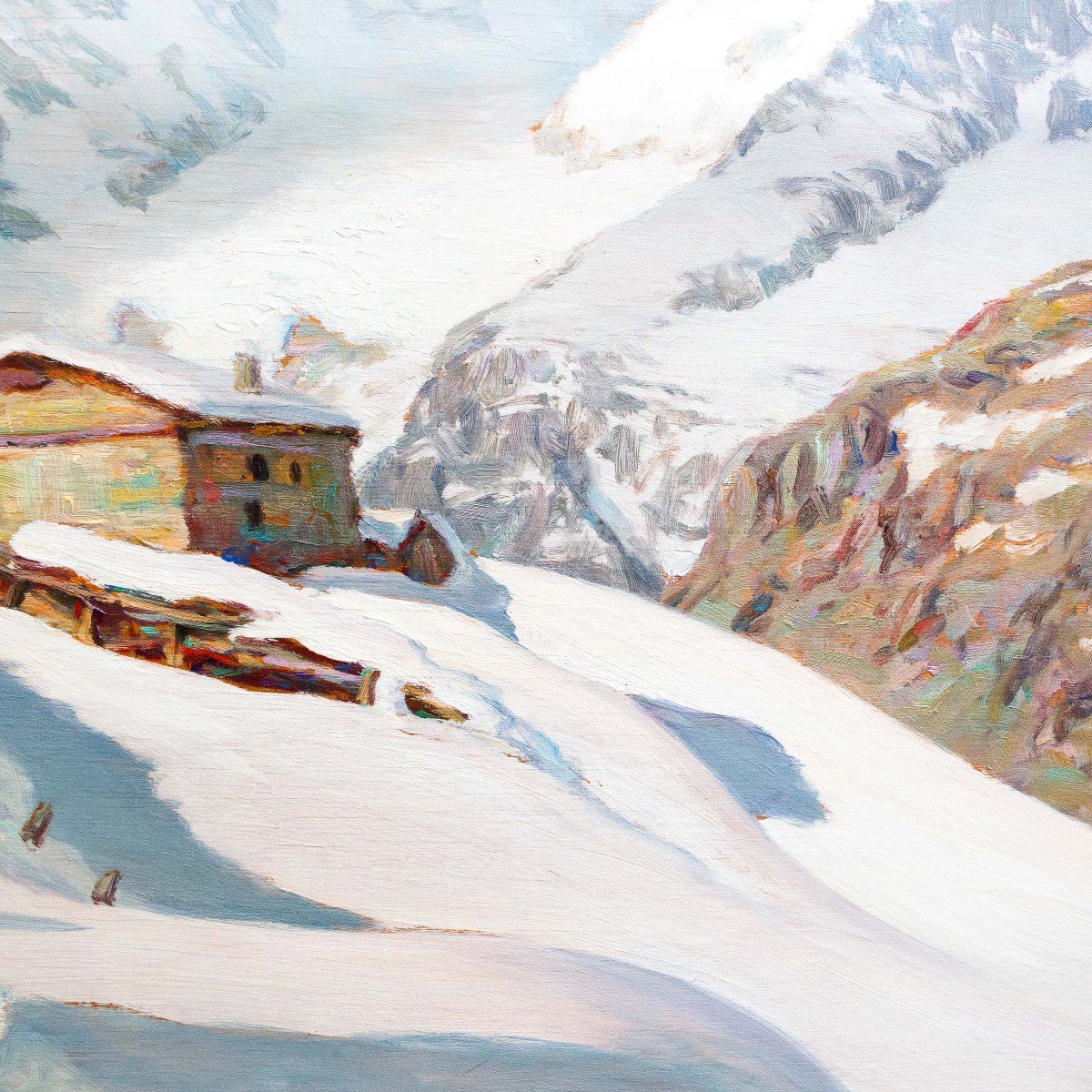 Angelo Abrate, “Momento invernale a La Suche -Courmayeur”, olio su tavola, firmato, 1949-photo-6