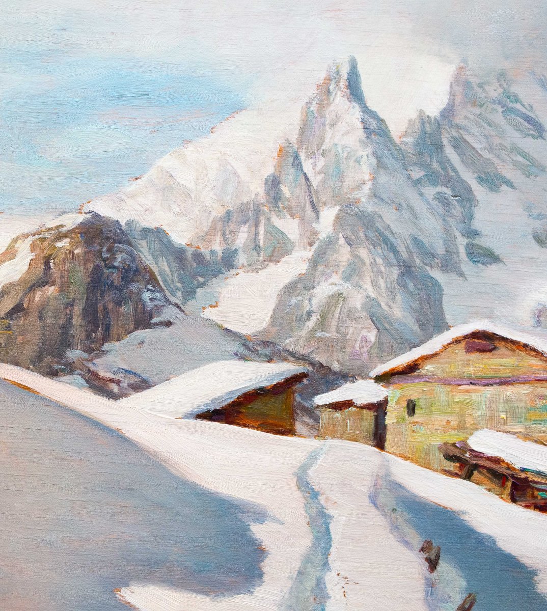 Angelo Abrate, “Momento invernale a La Suche -Courmayeur”, olio su tavola, firmato, 1949-photo-7