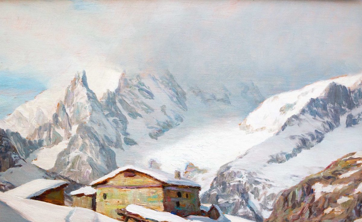 Angelo Abrate, “Momento invernale a La Suche -Courmayeur”, olio su tavola, firmato, 1949-photo-8