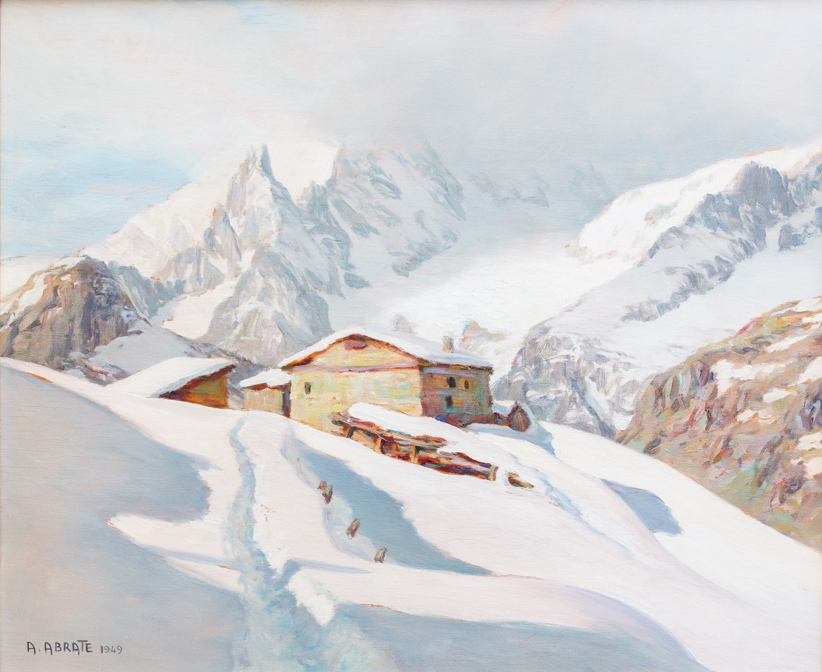 Angelo Abrate, “Momento invernale a La Suche -Courmayeur”, olio su tavola, firmato, 1949