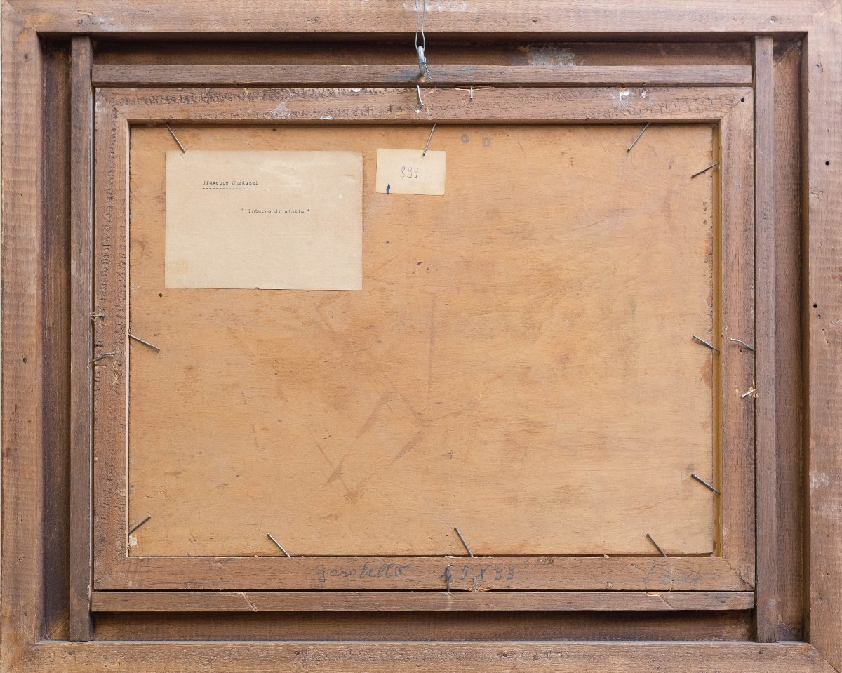 Giuseppe Gheduzzi, "Interno di stalla", olio su tavola, firmato, Epoca '900-photo-4