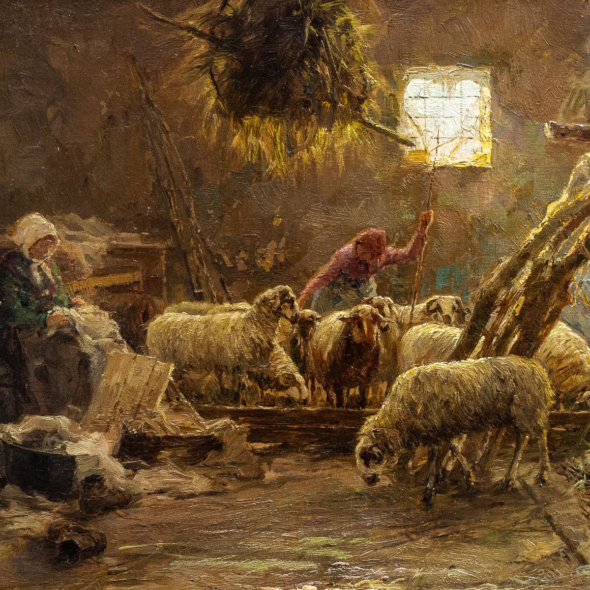 Giuseppe Gheduzzi, "Interno di stalla", olio su tavola, firmato, Epoca '900-photo-1