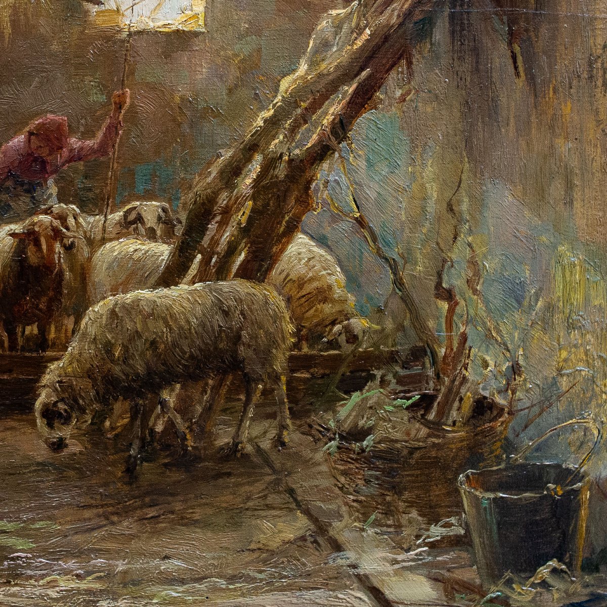 Giuseppe Gheduzzi, "Interno di stalla", olio su tavola, firmato, Epoca '900-photo-5