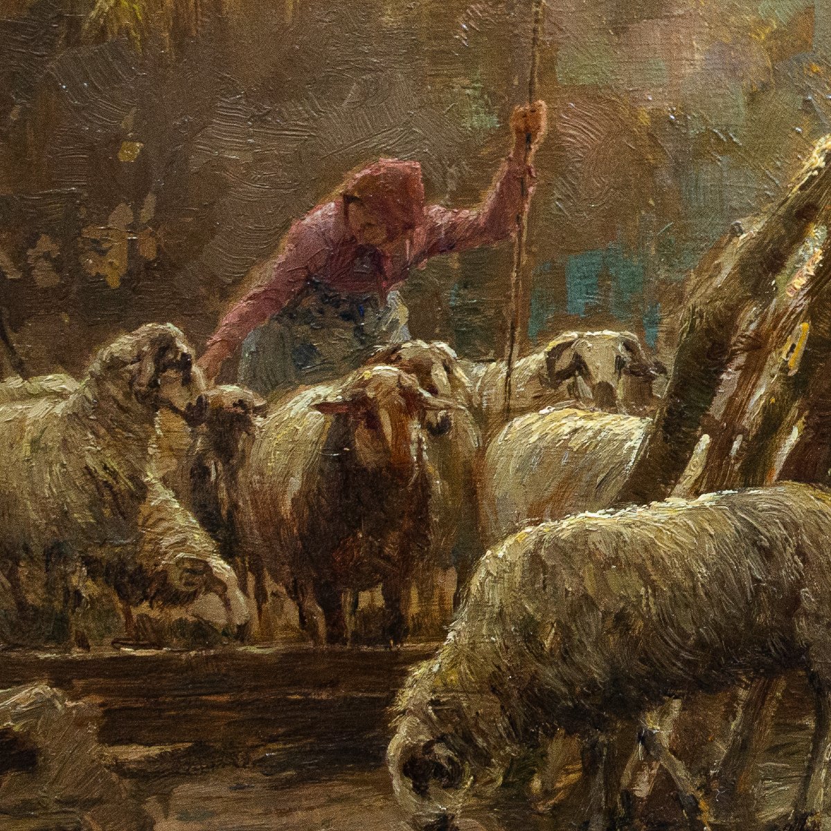 Giuseppe Gheduzzi, "Interno di stalla", olio su tavola, firmato, Epoca '900-photo-6