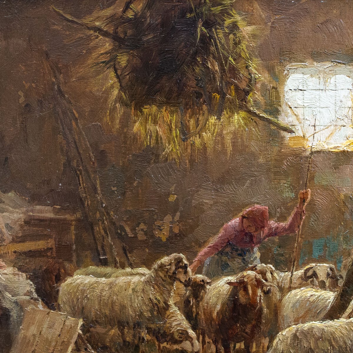 Giuseppe Gheduzzi, "Interno di stalla", olio su tavola, firmato, Epoca '900-photo-7