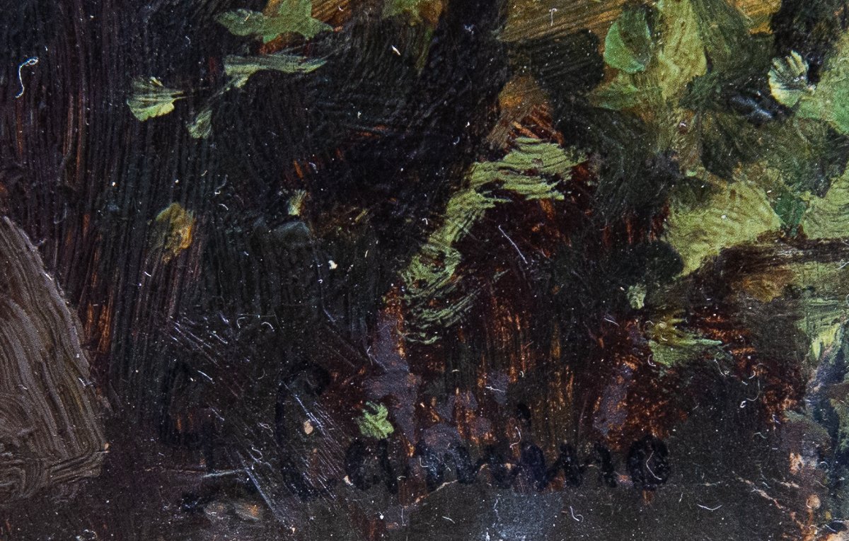 Giuseppe Camino, olio su carta, "Paesaggio con Figure", firmato, Epoca '800-photo-3