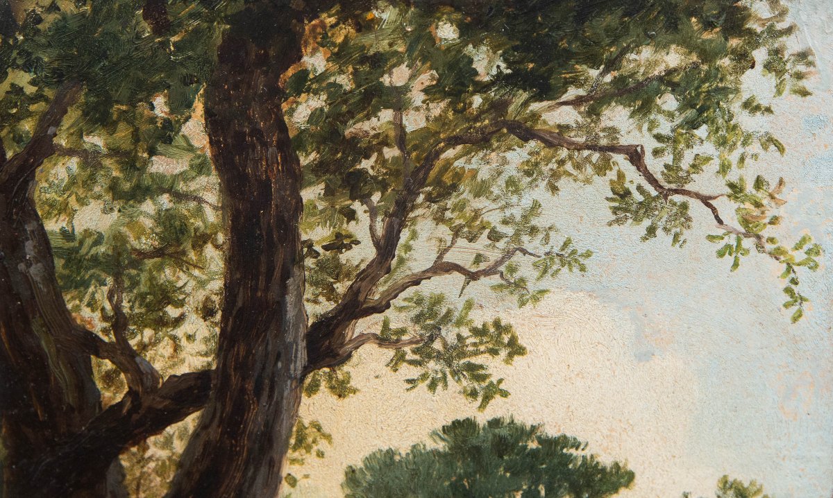 Giuseppe Camino, olio su carta, "Paesaggio con Figure", firmato, Epoca '800-photo-3