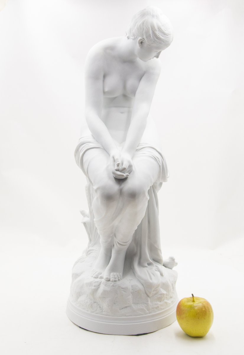 Auguste Joseph Peiffer, "Bagnante con rondini", biscuit,  fine XIX secolo-photo-3