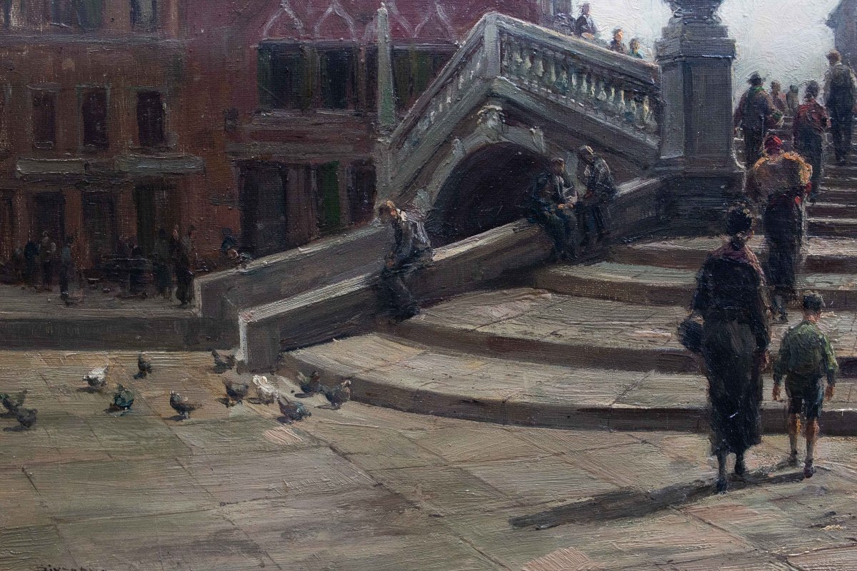 Giuseppe Gheduzzi, "Giornata grigia a Venezia", olio su tela, firmato, Epoca Inizio '900-photo-8