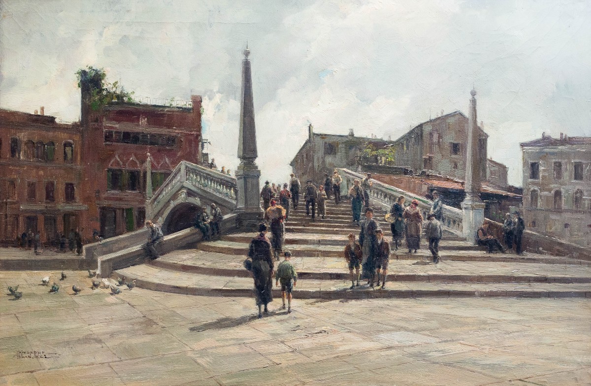 Giuseppe Gheduzzi, "Giornata grigia a Venezia", olio su tela, firmato, Epoca Inizio '900