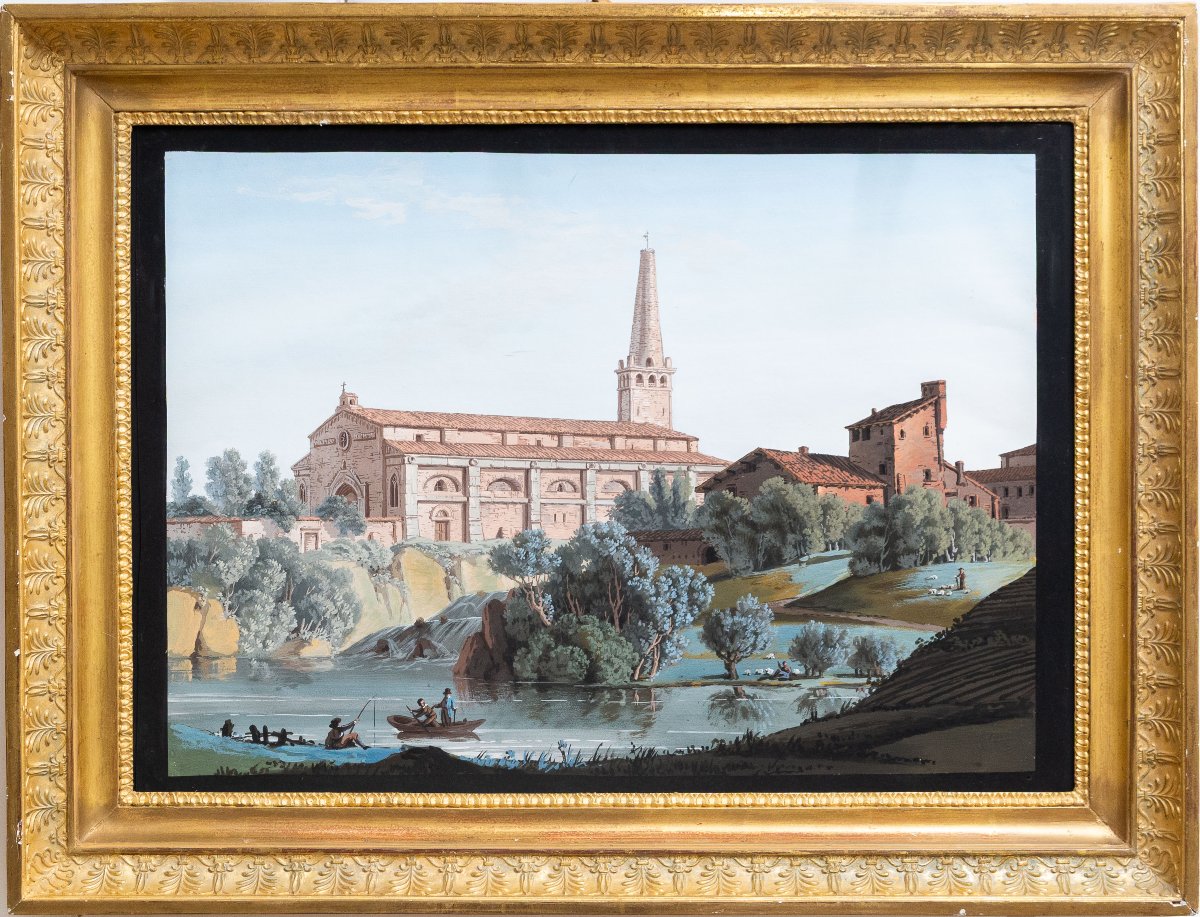 "Vedute Fluviali con Architetture Monumentali", acquerello su carta, Epoca '800-photo-3