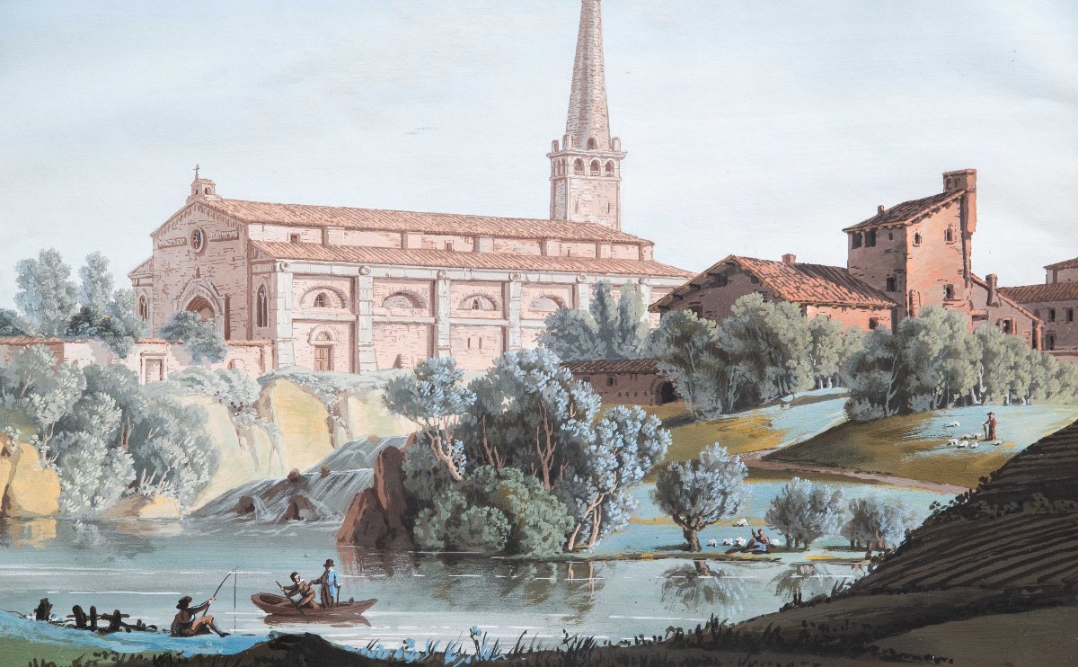 "Vedute Fluviali con Architetture Monumentali", acquerello su carta, Epoca '800-photo-1