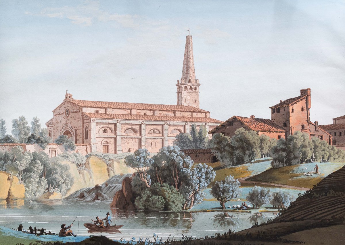 "Vedute Fluviali con Architetture Monumentali", acquerello su carta, Epoca '800-photo-4