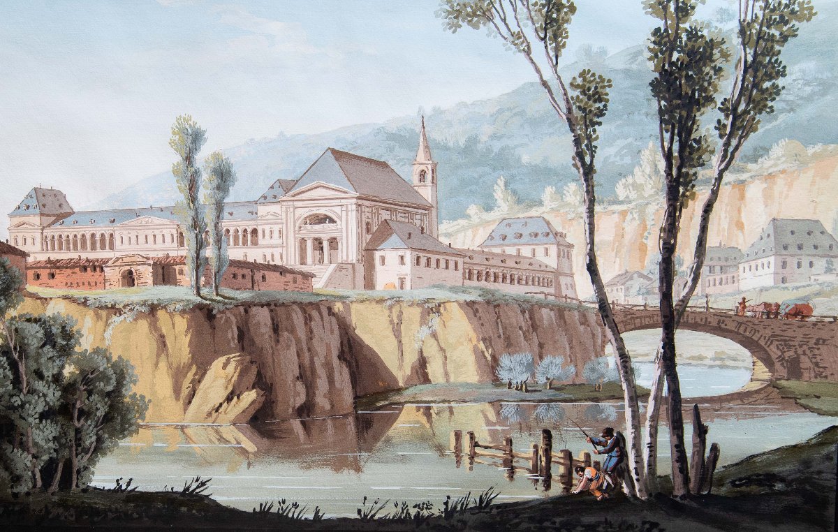 "Vedute Fluviali con Architetture Monumentali", acquerello su carta, Epoca '800-photo-5