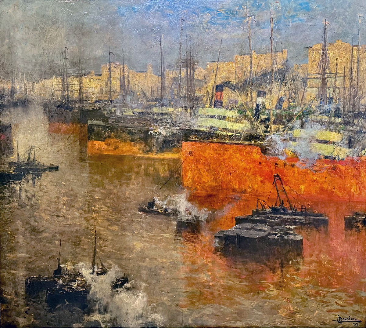 Ludovico Cavaleri, "Sole morente nel porto di Savona", firmato,1929