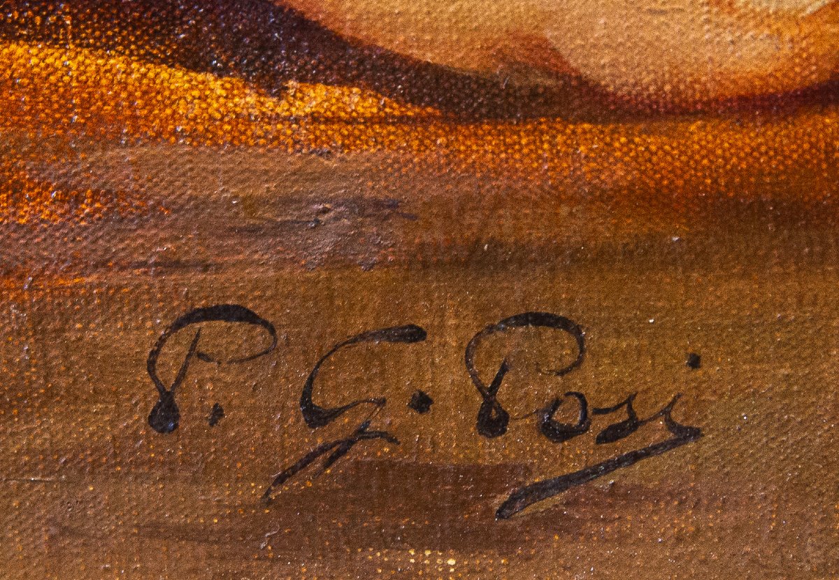 Pietro Girardi detto Posì, Riposo sotto la quercia, olio su tela, firmato, Epoca '900-photo-3