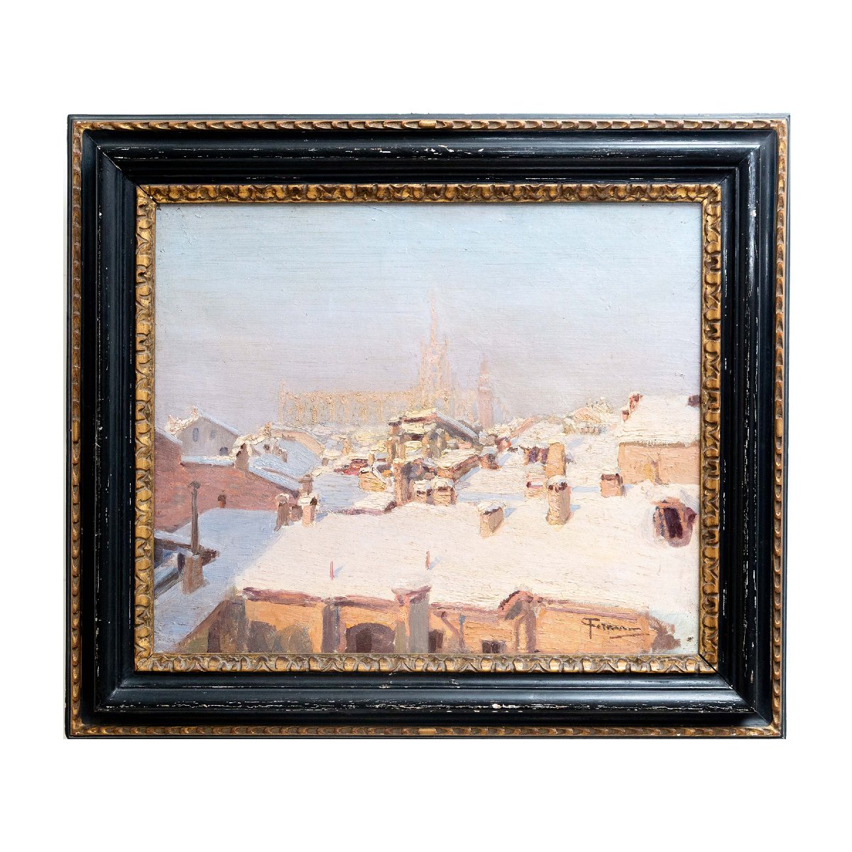 “Nevicata sui tetti di Milano”, Dipinto ad olio su tela, XX secolo-photo-2