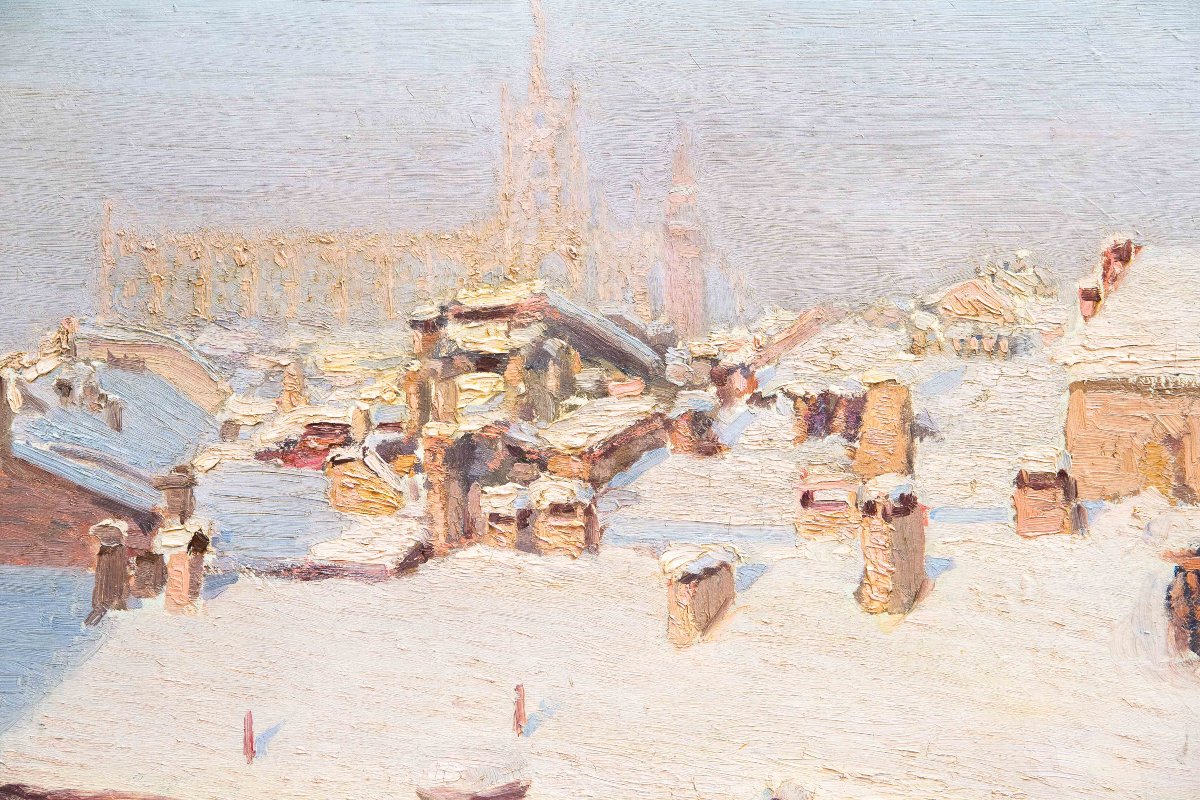 “Nevicata sui tetti di Milano”, Dipinto ad olio su tela, XX secolo-photo-3
