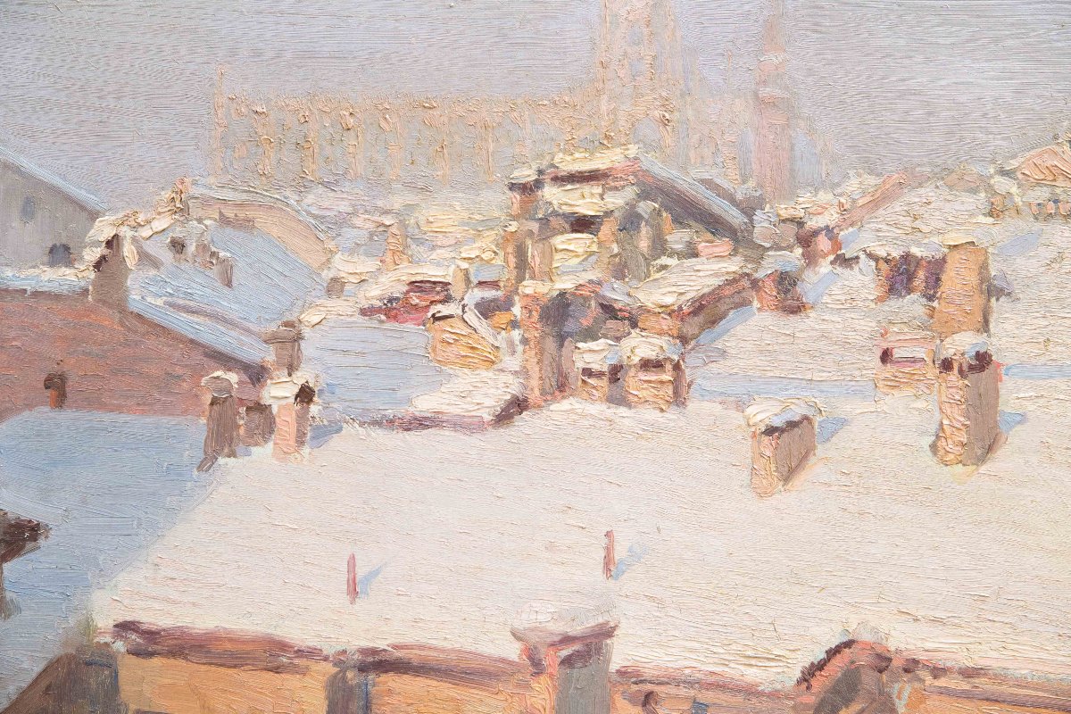 “Nevicata sui tetti di Milano”, Dipinto ad olio su tela, XX secolo-photo-4