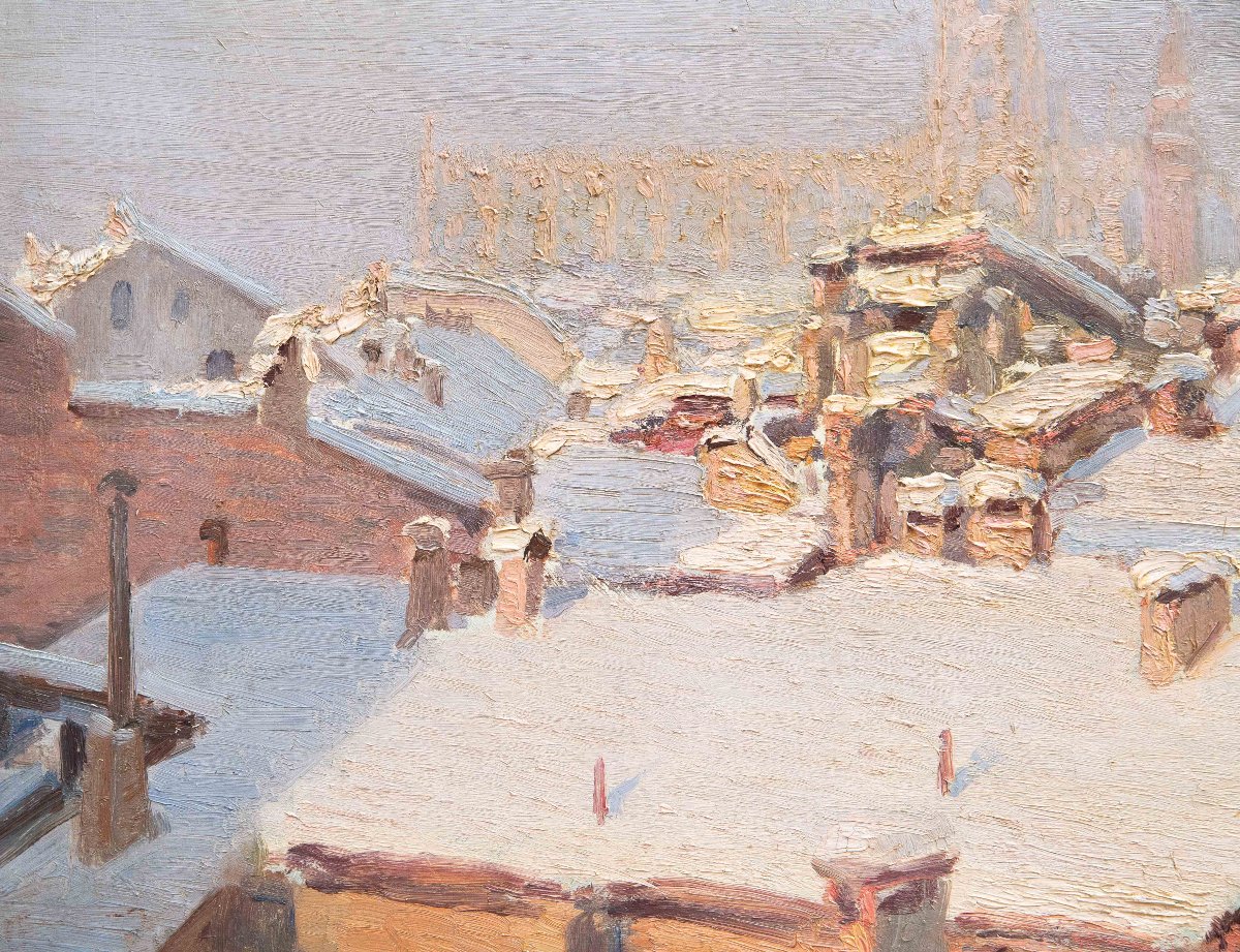 “Nevicata sui tetti di Milano”, Dipinto ad olio su tela, XX secolo-photo-5