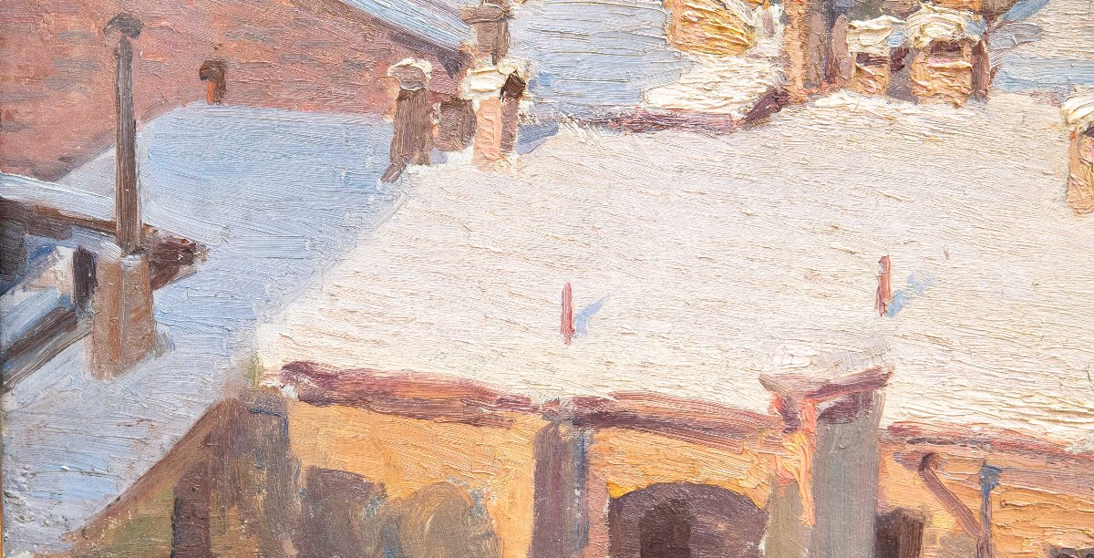 “Nevicata sui tetti di Milano”, Dipinto ad olio su tela, XX secolo-photo-6