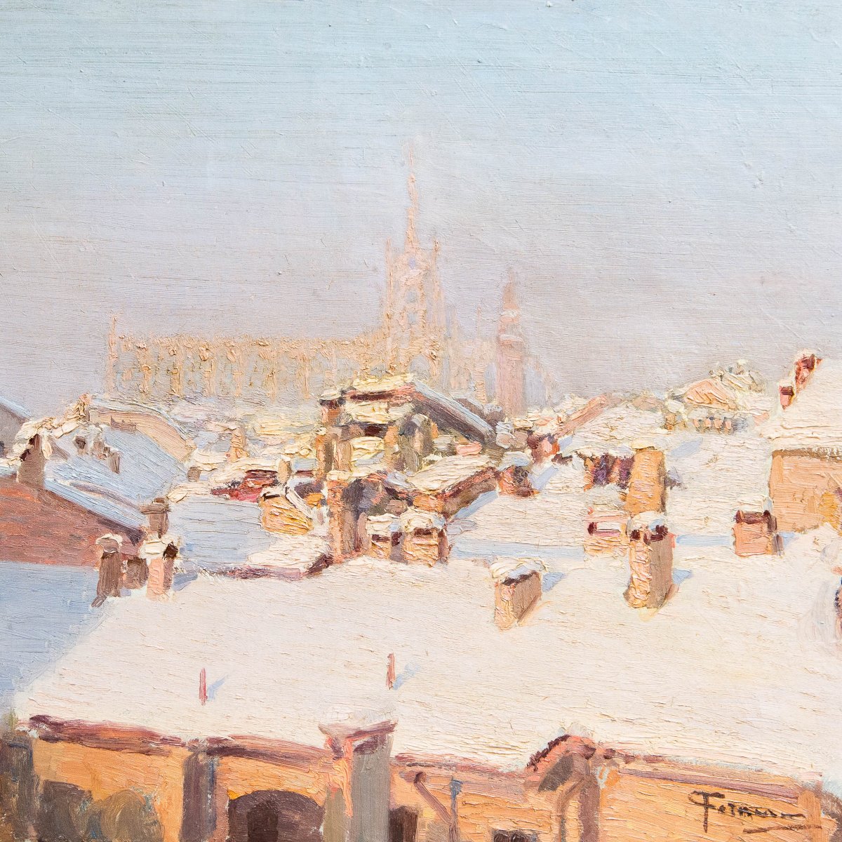 “Nevicata sui tetti di Milano”, Dipinto ad olio su tela, XX secolo-photo-7