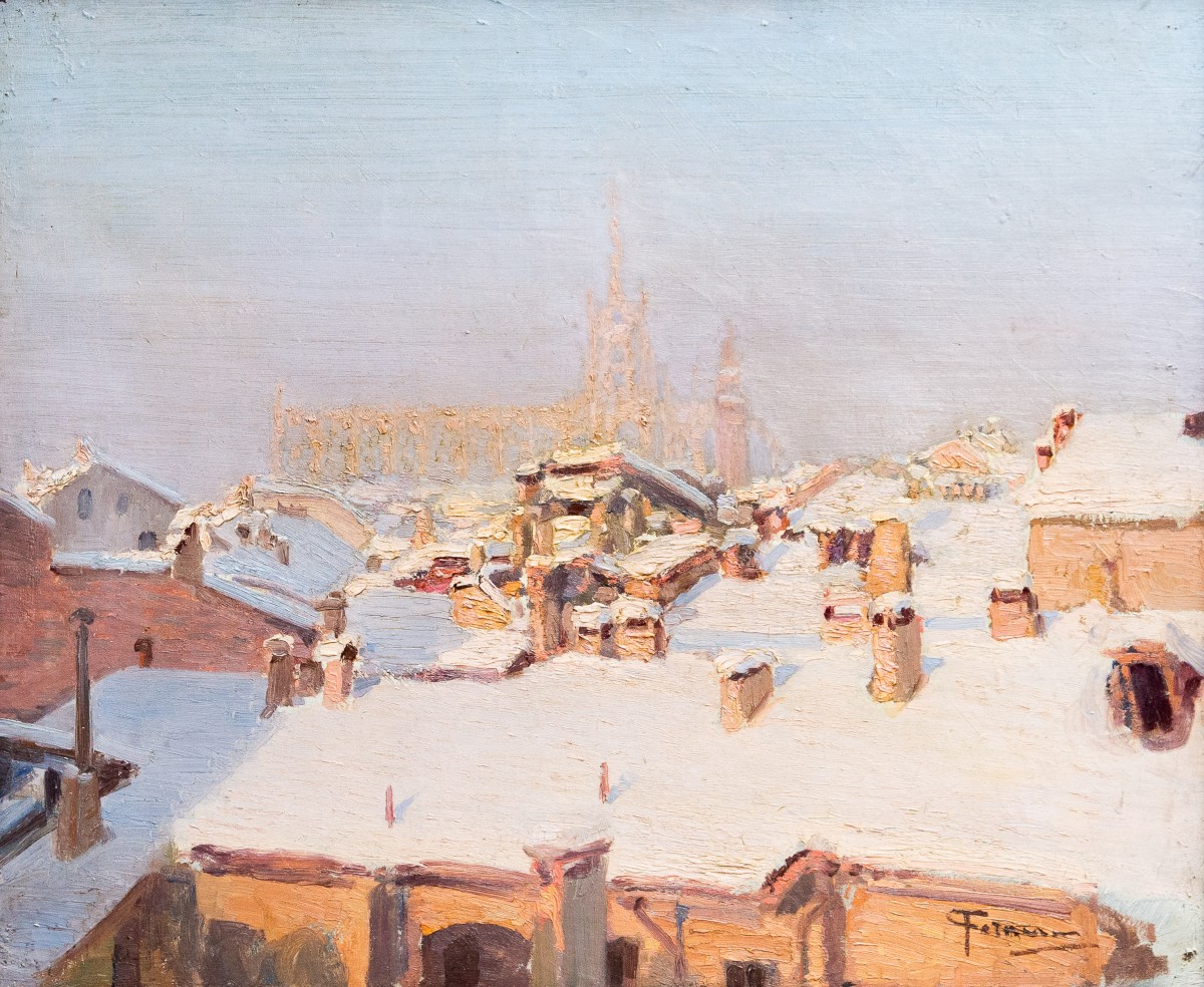 “Nevicata sui tetti di Milano”, Dipinto ad olio su tela, XX secolo