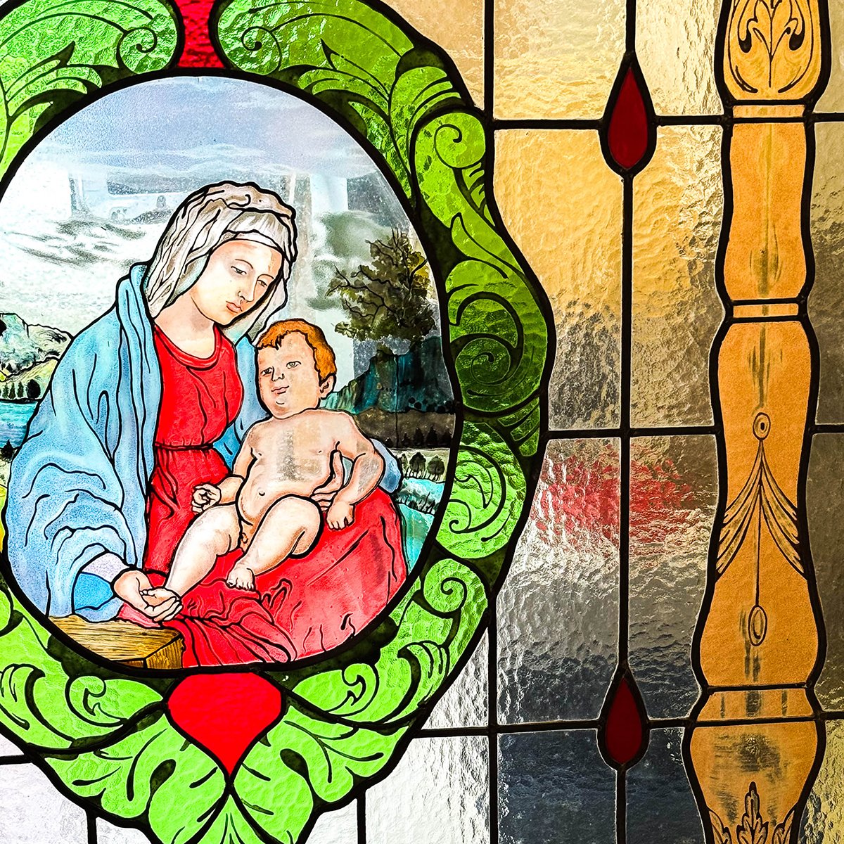 Vetrata Dipinta a Piombo Raffigurante la Madonna con Bambino, Anni '40-photo-3