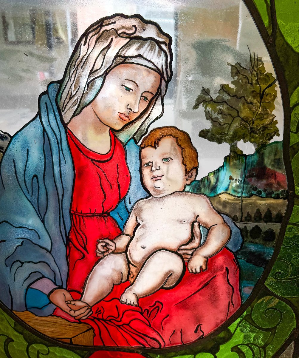 Vetrata Dipinta a Piombo Raffigurante la Madonna con Bambino, Anni '40-photo-4