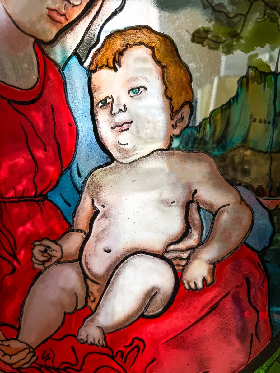 Vetrata Dipinta a Piombo Raffigurante la Madonna con Bambino, Anni '40-photo-2