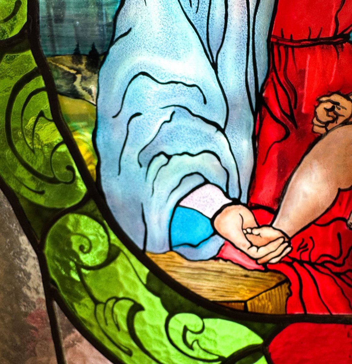 Vetrata Dipinta a Piombo Raffigurante la Madonna con Bambino, Anni '40-photo-3