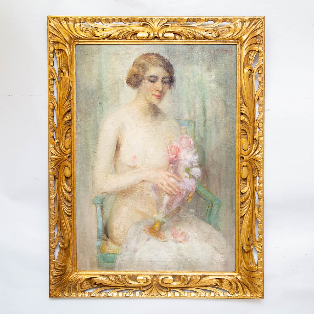 Luigi Serralunga, Figura femminile con fiori, Olio su tela, Fine '800 Primi '900-photo-2