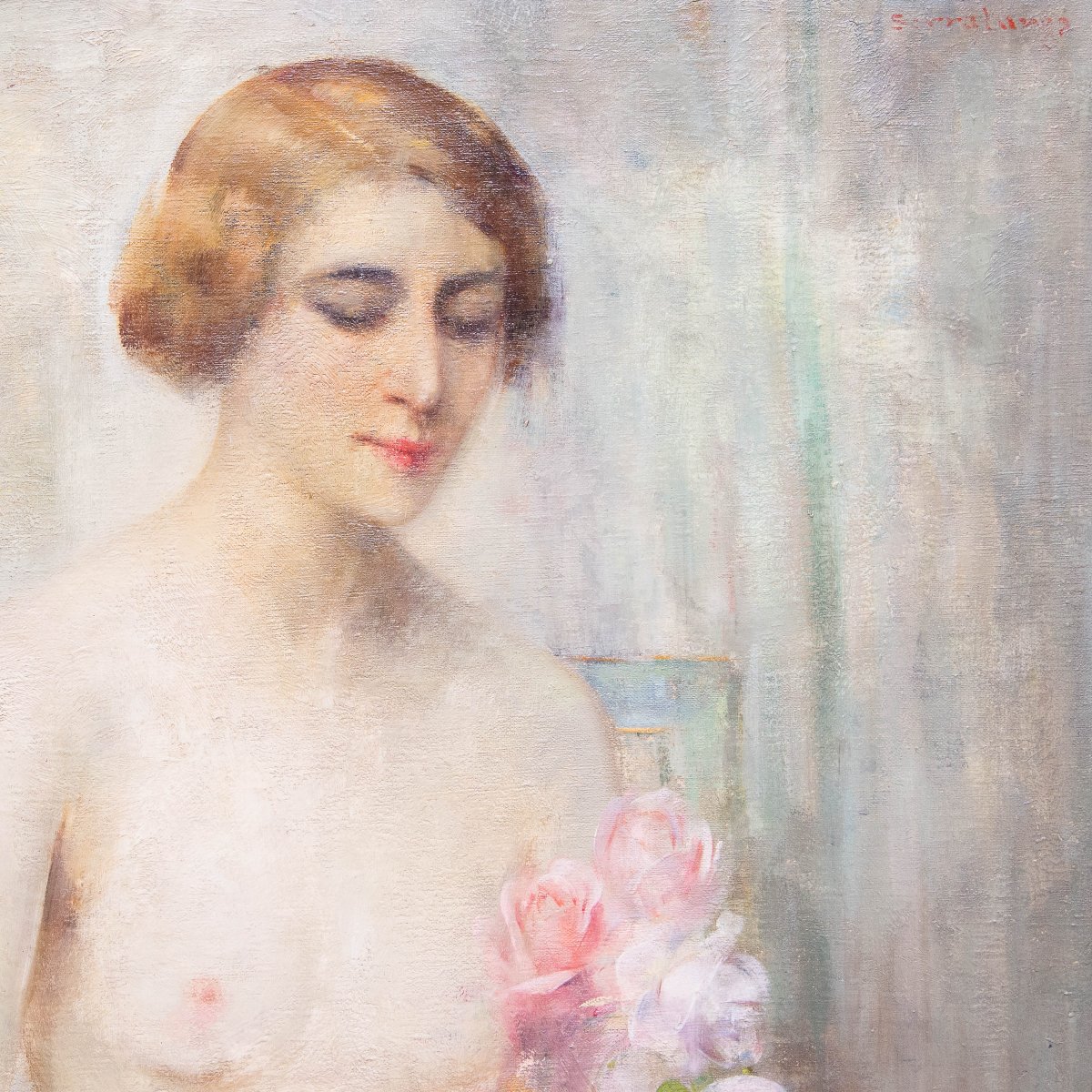 Luigi Serralunga, Figura femminile con fiori, Olio su tela, Fine '800 Primi '900-photo-5