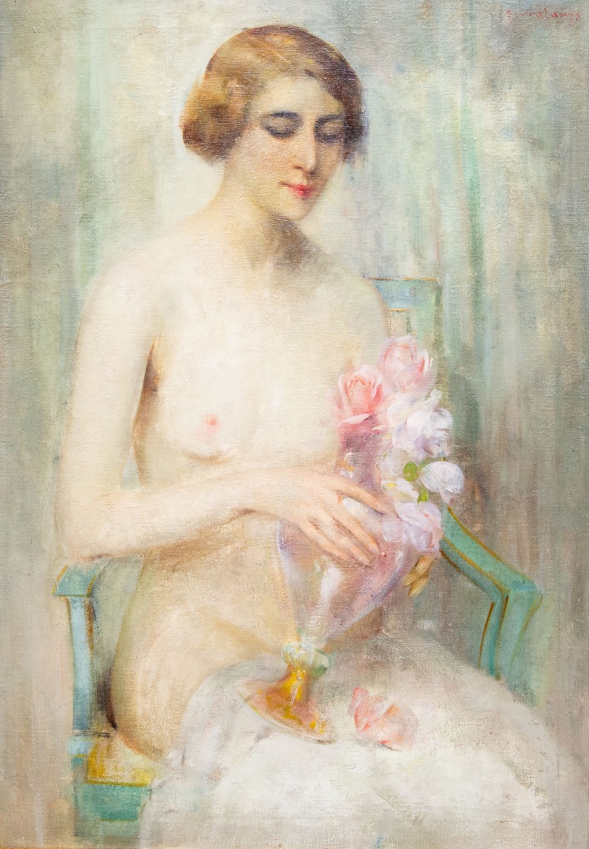 Luigi Serralunga, Figura femminile con fiori, Olio su tela, Fine '800 Primi '900