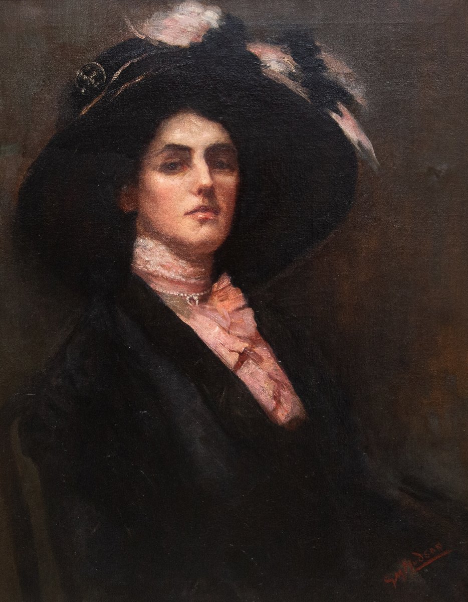 Gwynedd May Hudson, “Eleganza Vittoriana”, olio su tela, firmato, Epoca Primi '900-photo-1