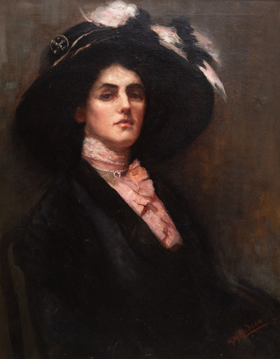 Gwynedd May Hudson, “Eleganza Vittoriana”, olio su tela, firmato, Epoca Primi '900