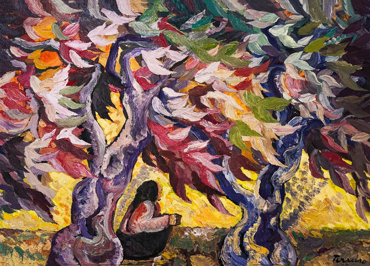 Saverio Terruso,  “Raccolta”, olio su tela, firmato, Epoca '900