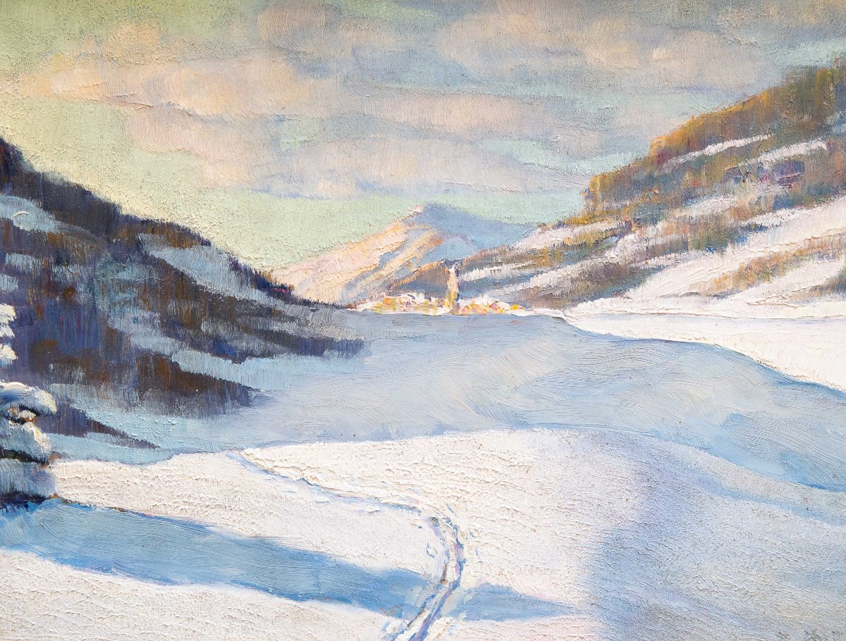 Angelo Abrate, "Ritornando dal Monginevro",olio su tavola, firmato, 1925-photo-2