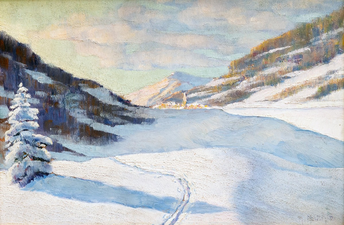 Angelo Abrate, "Ritornando dal Monginevro",olio su tavola, firmato, 1925
