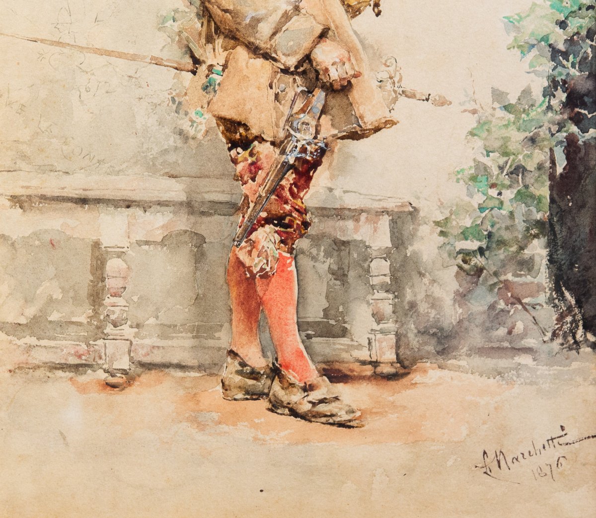 Ludovico Marchetti, "Ritratto di spadaccino", acquerello su carta, firmato, 1876-photo-1