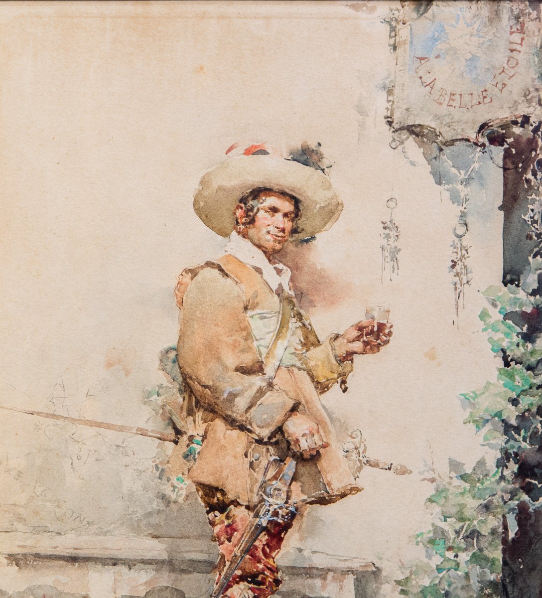 Ludovico Marchetti, "Ritratto di spadaccino", acquerello su carta, firmato, 1876-photo-2